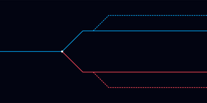 Abstract branching lines creating a data flow or decision tree in blue and red.