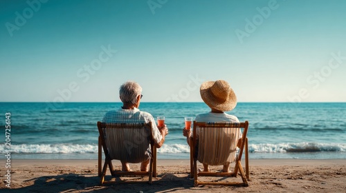Reference: Elderly couple enjoying drinks on beach chairs, watching the ocean waves under a clear sky