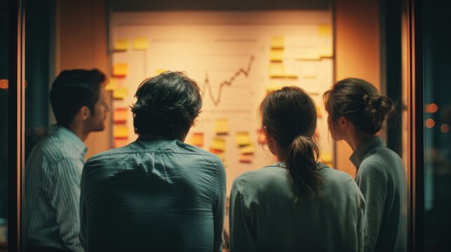 Team collaborating on a strategy board with sticky notes and charts at night