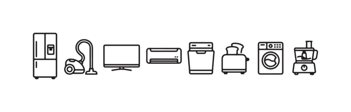 Household and kitchen appliance line icons, representing various home electronics and utilities.
