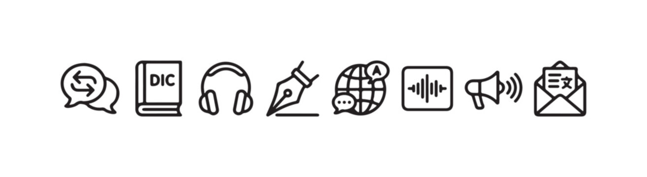 Language, translation, and communication line icons, representing multilingualism, learning, and media.