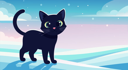 A black cat stands on snowy ground with a colorful sky in the background. © Groq