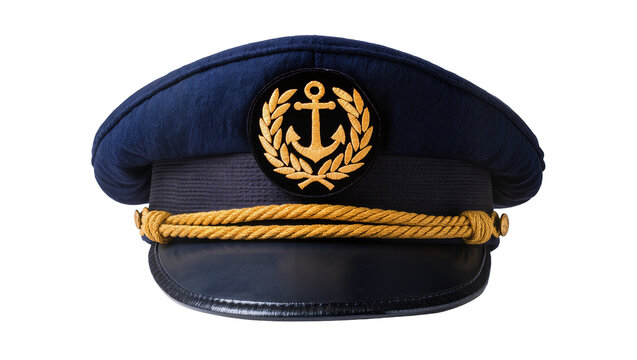 Dark blue captain s hat with gold anchor emblem and rope, isolated on transparent background