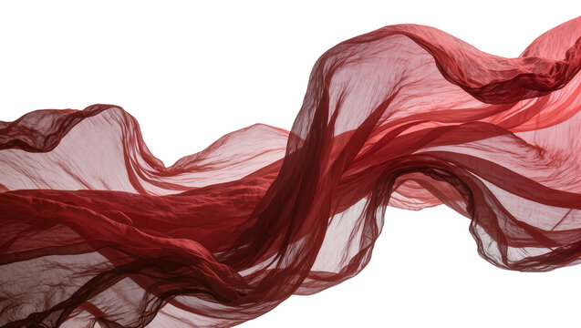 Flowing deep red sheer fabric waves, isolated on transparent background
