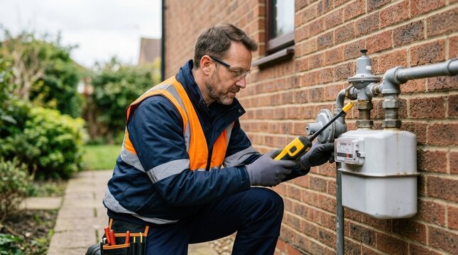 Gas engineer inspecting an external gas meter with a leak detector. Professional technician checking utility pipes on a brick wall. Home maintenance and safety service