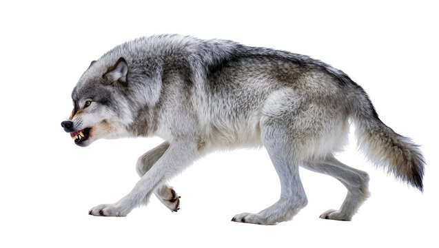 Aggressive grey wolf snarling with bared teeth, isolated on transparent background