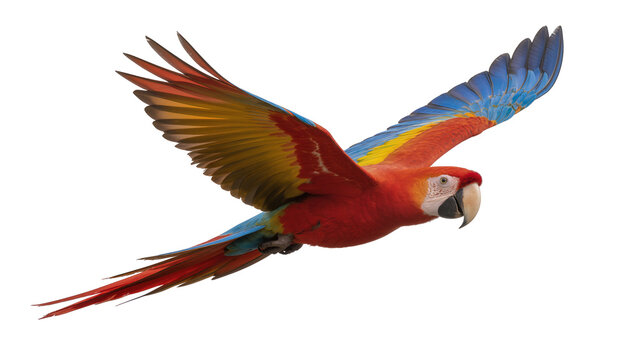 Scarlet macaw parrot with spread wings flying, isolated on transparent background