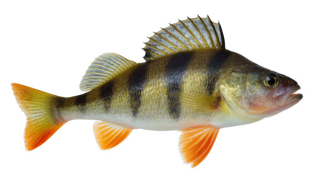 Yellow perch fish with dark vertical stripes, isolated on transparent background