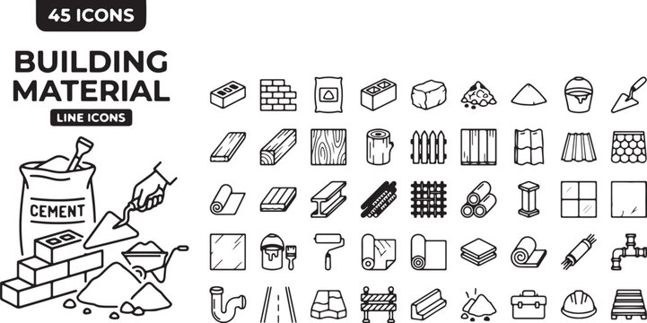 represents a comprehensive building materials and construction supplies icon collection, focusing on clarity,