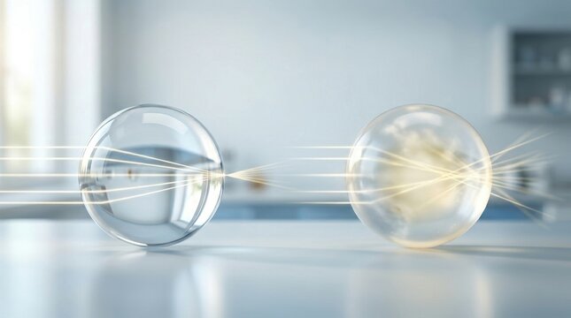 Light rays refracting through two glass spheres. Comparison of clear and cloudy lenses demonstrating focal points. Optics and physics science experiment. Macro shot with copy space