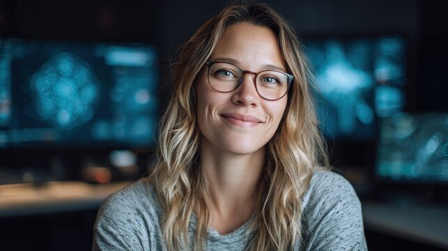 Young woman with glasses smiling in front of computer screens in a dark office