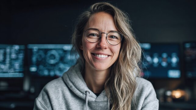Smiling woman with glasses in a hoodie in front of computer monitors
