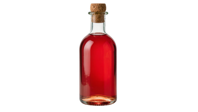 Clear glass bottle with red liquid and cork stopper, isolated on transparent background