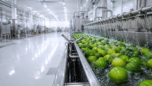 Fresh Green Limes Washing in Automated Food Processing Plant with Large Copy Space