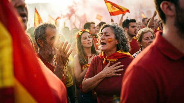 Spanish patriots emotionally express their national pride with flags and face paint.