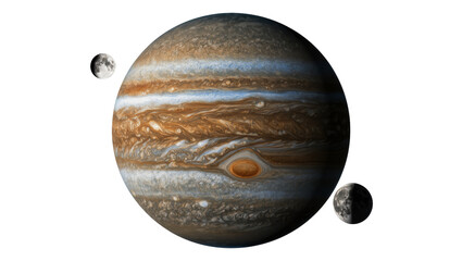 Giant striped Jupiter planet with two moons, isolated on transparent background © AnaMaria