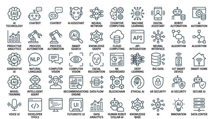 Obraz premium Large Artificial Intelligence and Automation Outline Icon Set with Machine Learning and NLP Technology Symbols