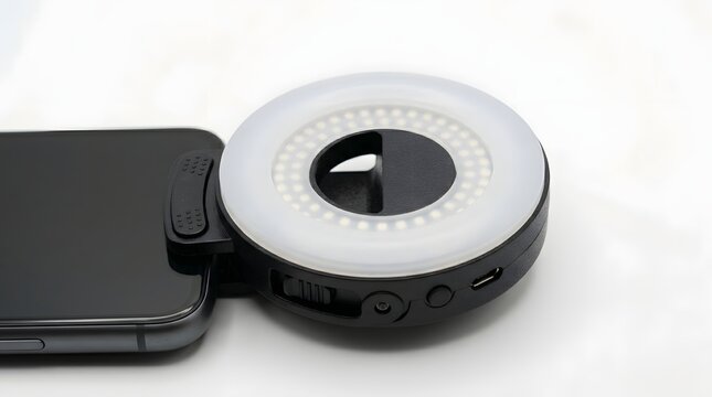A smartphone with a portable ring light attached to it on a white background