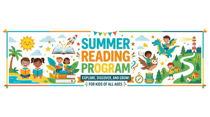 Fototapeta premium Flat lay illustration of children engaged in a vibrant summer reading program with whimsical elements like a dragon and rocket, set against a bright, colorful, playful background