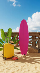 Obraz premium Yellow suitcase, pink surfboard, and hat on sand with palm leaves and wooden pier, symbolizing summer vacation and travel