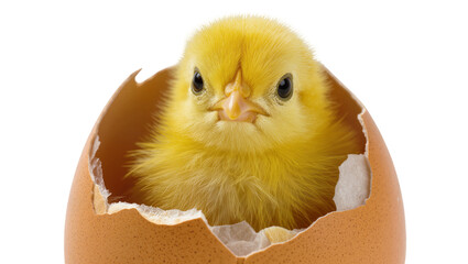 Fluffy yellow chick emerging from cracked brown eggshell, isolated on transparent background © AnaMaria