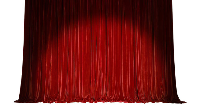 Luxurious red velvet theater curtains draped and folded, isolated on transparent background