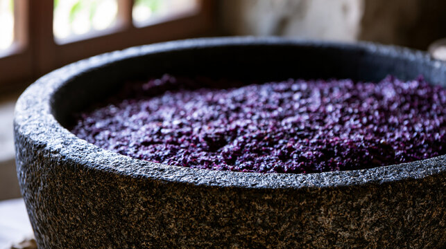 winepress. Ancient stone wine press with deep purple grape residue, textured surface in soft window light. bar promotions, beverage menus, designed for food & beverage menus and cafe branding.