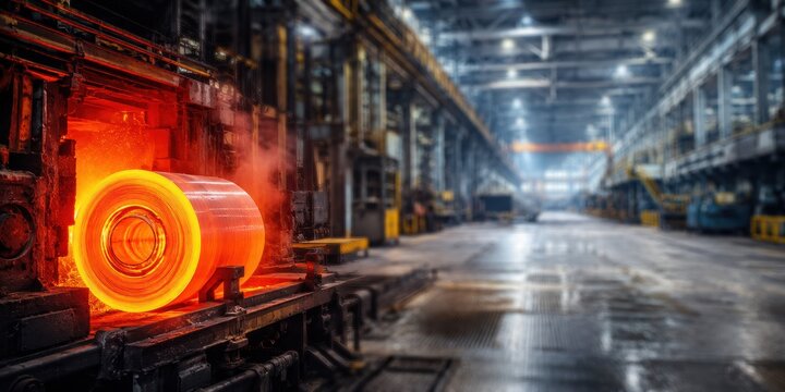 Glowing Hot Steel Coil in Modern Steel Mill with Copy Space for Heavy Industry Concept