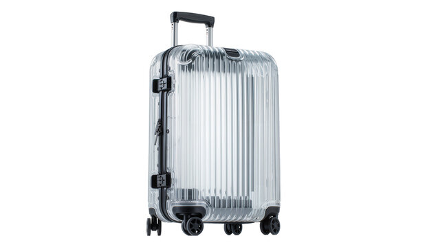 Transparent ribbed polycarbonate suitcase with black accents, isolated on transparent background