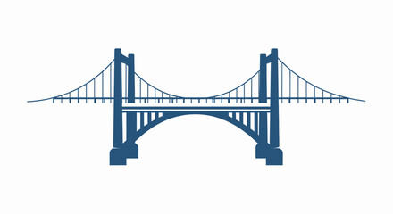 Fototapeta premium A stylized dark blue illustration of a suspension bridge with two towers and an arched base, set against a white background.