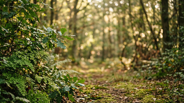 Mindfulness Journey on a Serene Forest Path. Tranquil woodland trail with golden hour light and bokeh, symbolizing healing, new beginnings, and discovery.