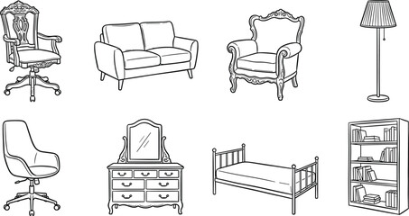 Furniture and home decor line art illustration set with sofas, armchairs, office chairs, beds, lamps, dressers, and bookshelves © It's Marja