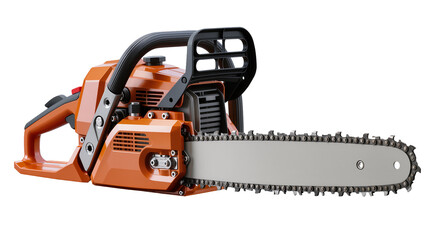 Fototapeta premium Orange gasoline chainsaw with metal chain and black handle, isolated on transparent background