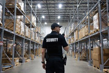Fototapeta premium A security guard stands in a large, high-ceiling warehouse filled with stacked boxes.