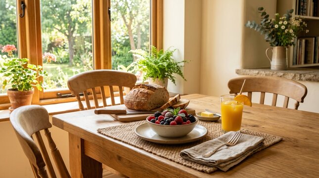 Inviting breakfast spread on wooden dining table with freshly baked artisan bread, bowl of vibrant berries, butter, and glass of orange juice, set in sunlit room with garden view.