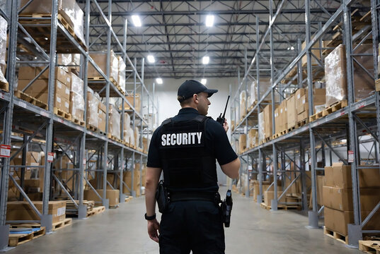 A security guard stands in a large, high-ceiling warehouse filled with stacked boxes.