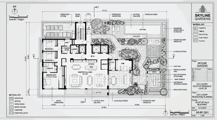 Architectural floor plan of a luxury residential villa with garden and landscaping details © Saharia