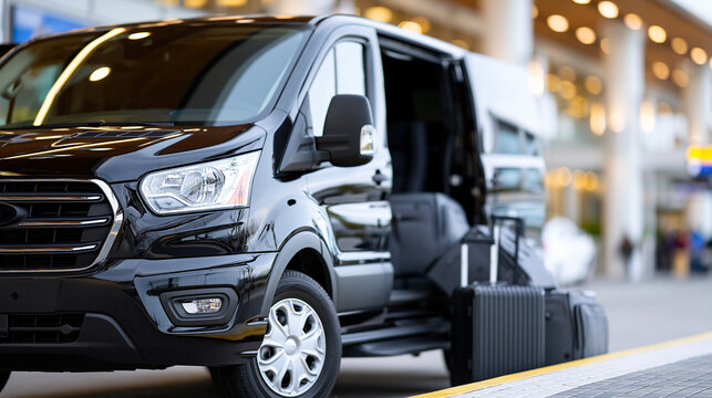 Black transfer van parked at an airport with an open door and luggage being loaded, ground transportation and travel logistics concept, defocused terminal background, with copy