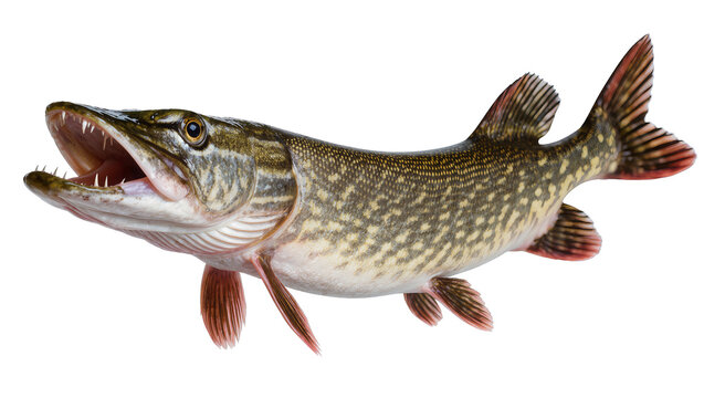 Predatory northern pike fish with sharp teeth and open mouth, isolated on transparent background