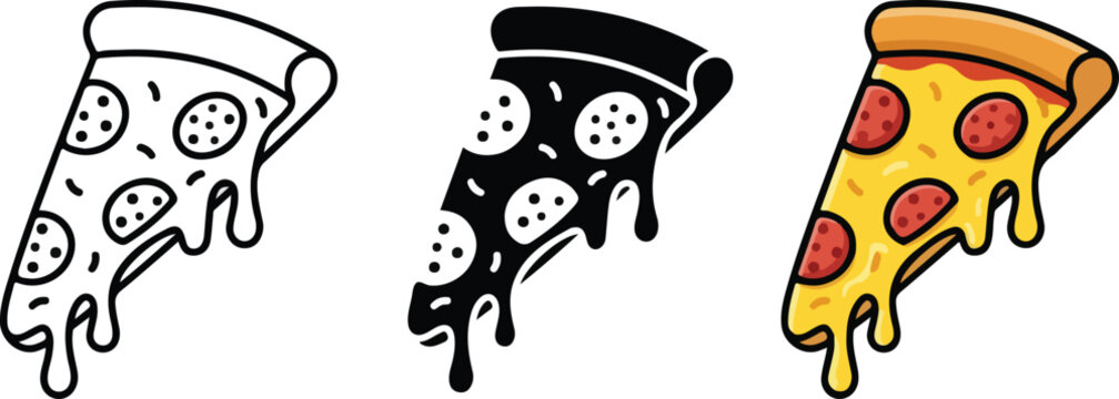 Pizza Slice Vector Illustration Set with Dripping Cheese and Pepperoni in Outline Black and Color Style .