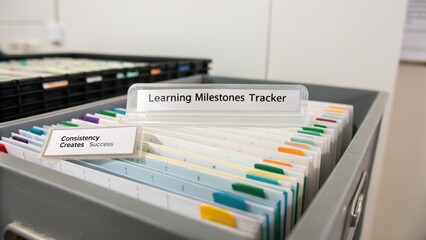 Fototapeta premium Organized Learning Milestones Tracker in Cabinet with Colorful Tabs and Labels for Efficient Progress Monitoring and Documentation
