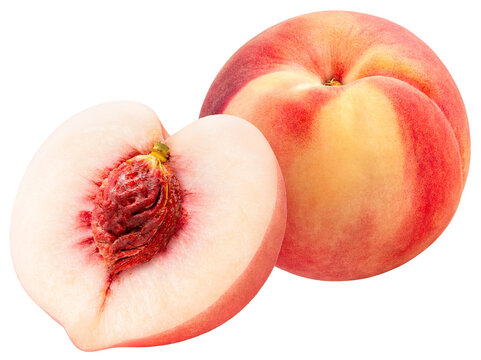 Fresh peach with leaf  on a white background, with PNG File, gourmet beverage branding, and premium food packaging design. PNG File.