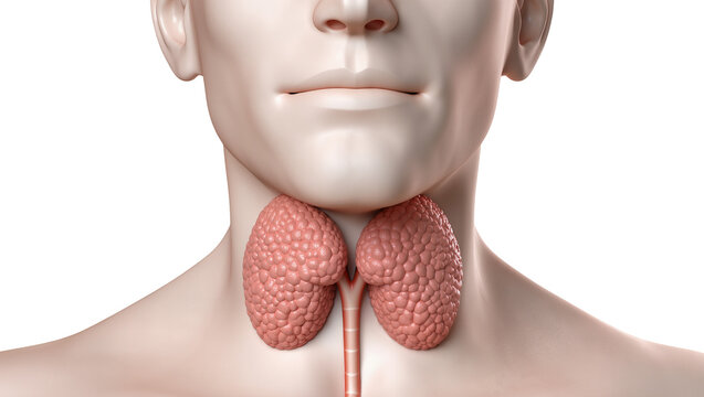 Human thyroid gland with textured lobes, isolated on transparent background