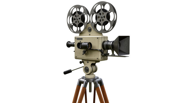 Vintage film projector with reels and tripod, isolated on transparent background