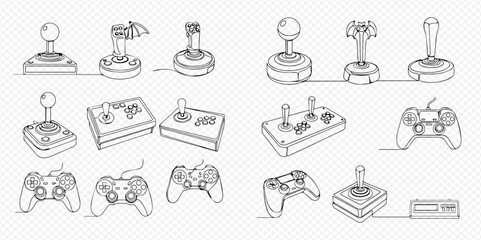 Continuous line art drawing of various video game controllers and joysticks, representing gaming evolution and technology. © Lunara Arts