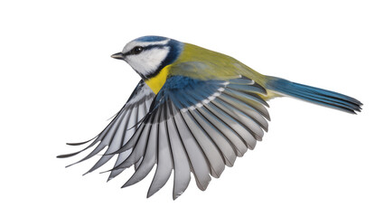 Blue tit bird with spread wings in flight, isolated on transparent background © AnaMaria