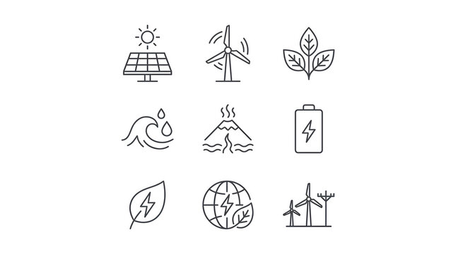 Set of thin line icons representing renewable energy sources and sustainable power technology.