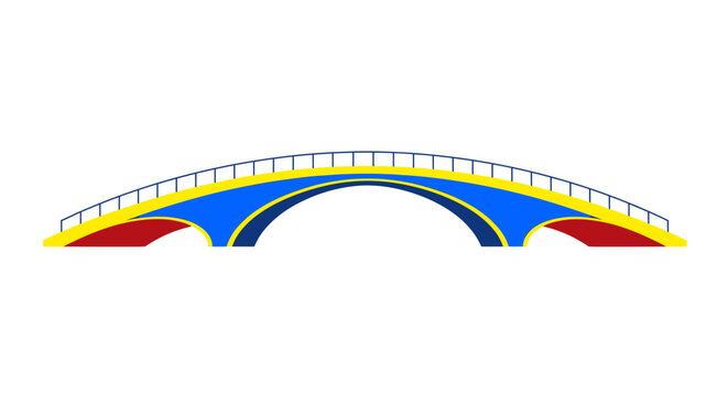 A vibrant, cartoon-style arched bridge with blue, yellow, and red sections and railings, depicted against a white background.