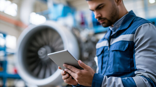 Anonymous aircraft maintenance mechanic inspecting a jet engine in a hangar using a digital tablet, aviation engineering and aircraft safety concept, faceless, defocused hangar