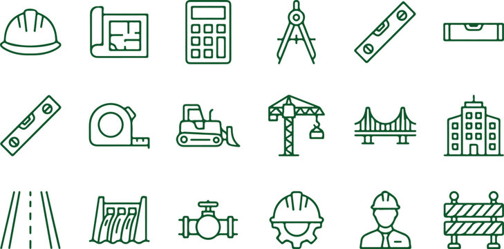 Construction and engineering tools line icons set industrial building process equipment and safety gear.